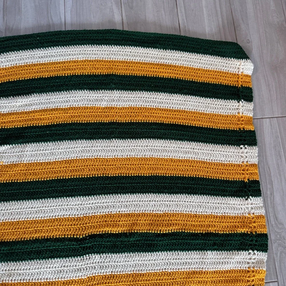 Handmade Crochet Blanket Throw Unisex 64x40 Green Yellow White Striped Packers